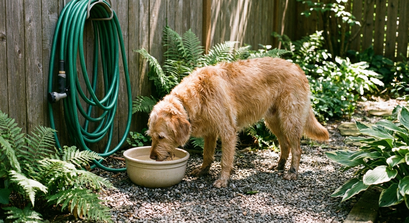 A real photograph of a medium-sized dog drinking water in a shaded backyard corner with a small gravel pad and a hose nearby