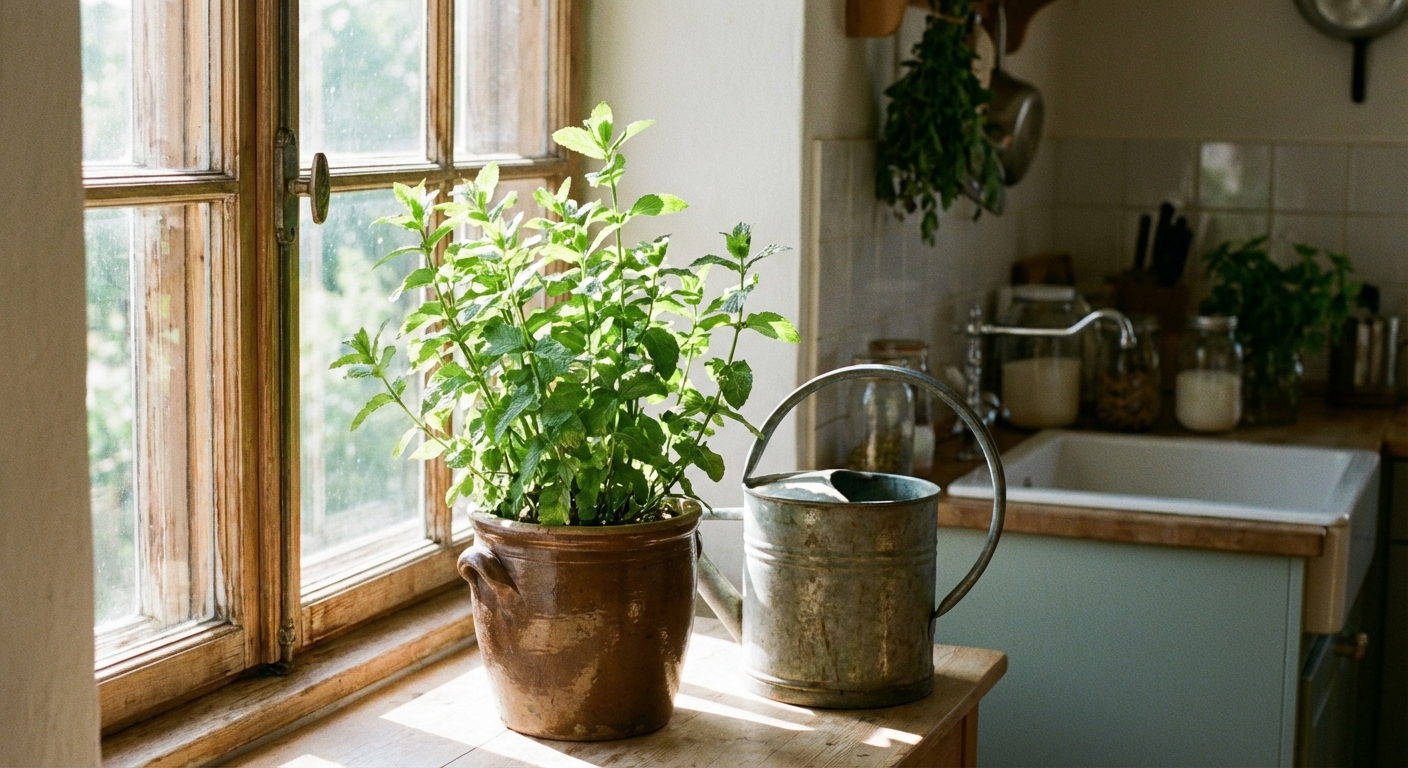 A real photograph of a mint plant growing indoors in a ceramic pot on a bright kitchen windowsill, with natural light coming through the window and a watering can nearby