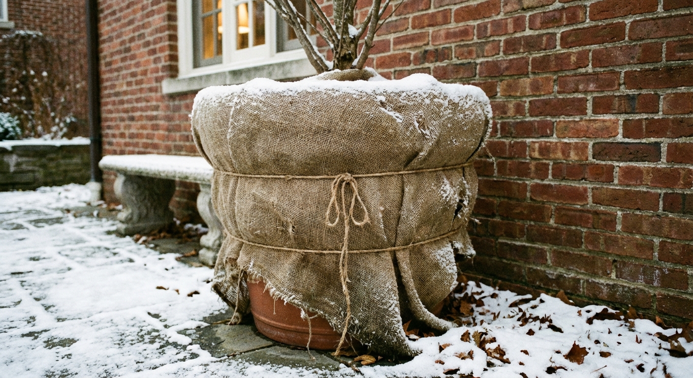 A real photograph of a patio container wrapped in burlap for winter protection, tied with twine, sitting against a house wall with a light dusting of snow on the ground