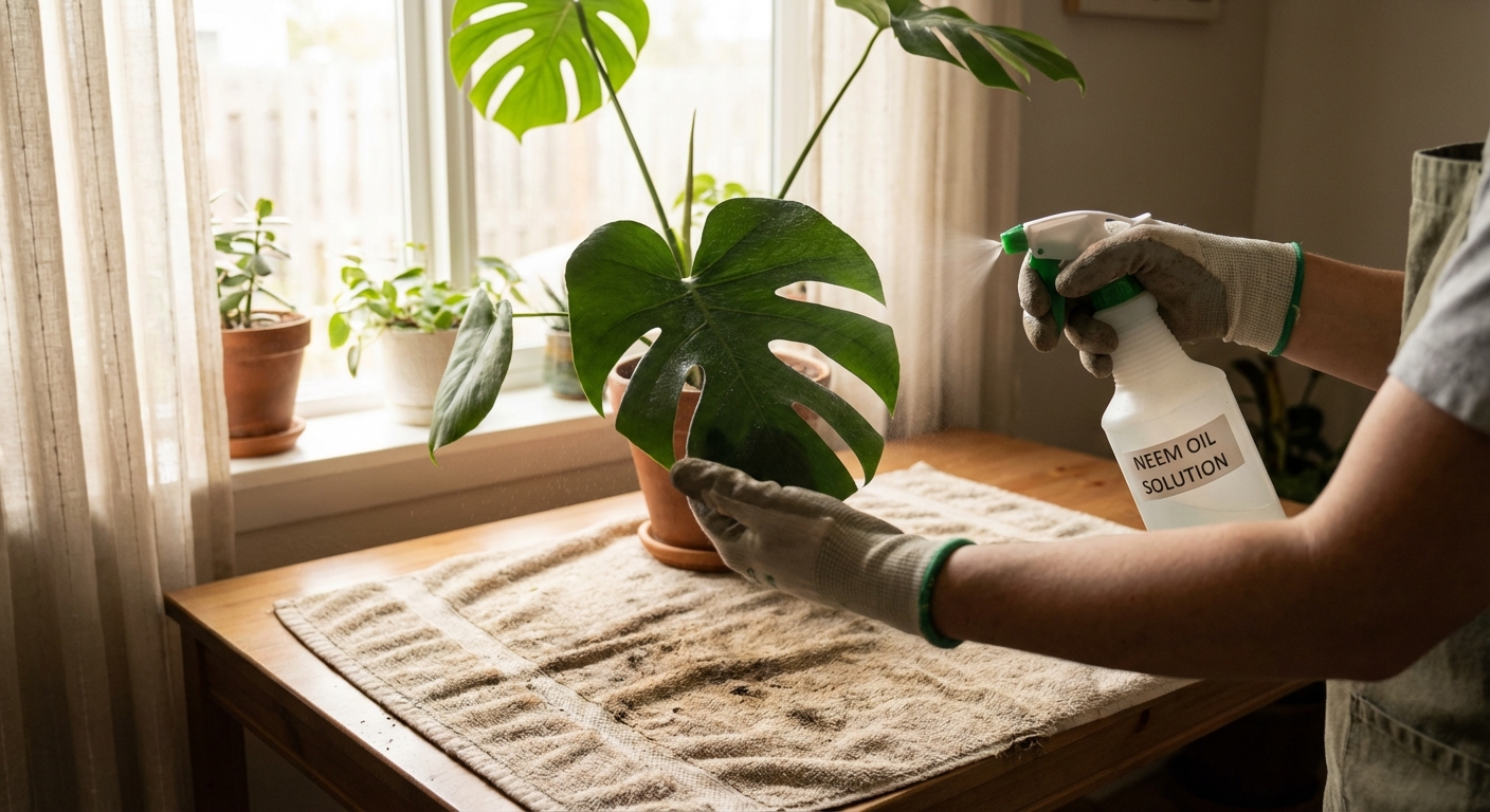 A real photograph of a person spraying neem oil solution onto the underside of a monstera leaf indoors near a bright window, with a towel protecting the tabletop and soft natural light
