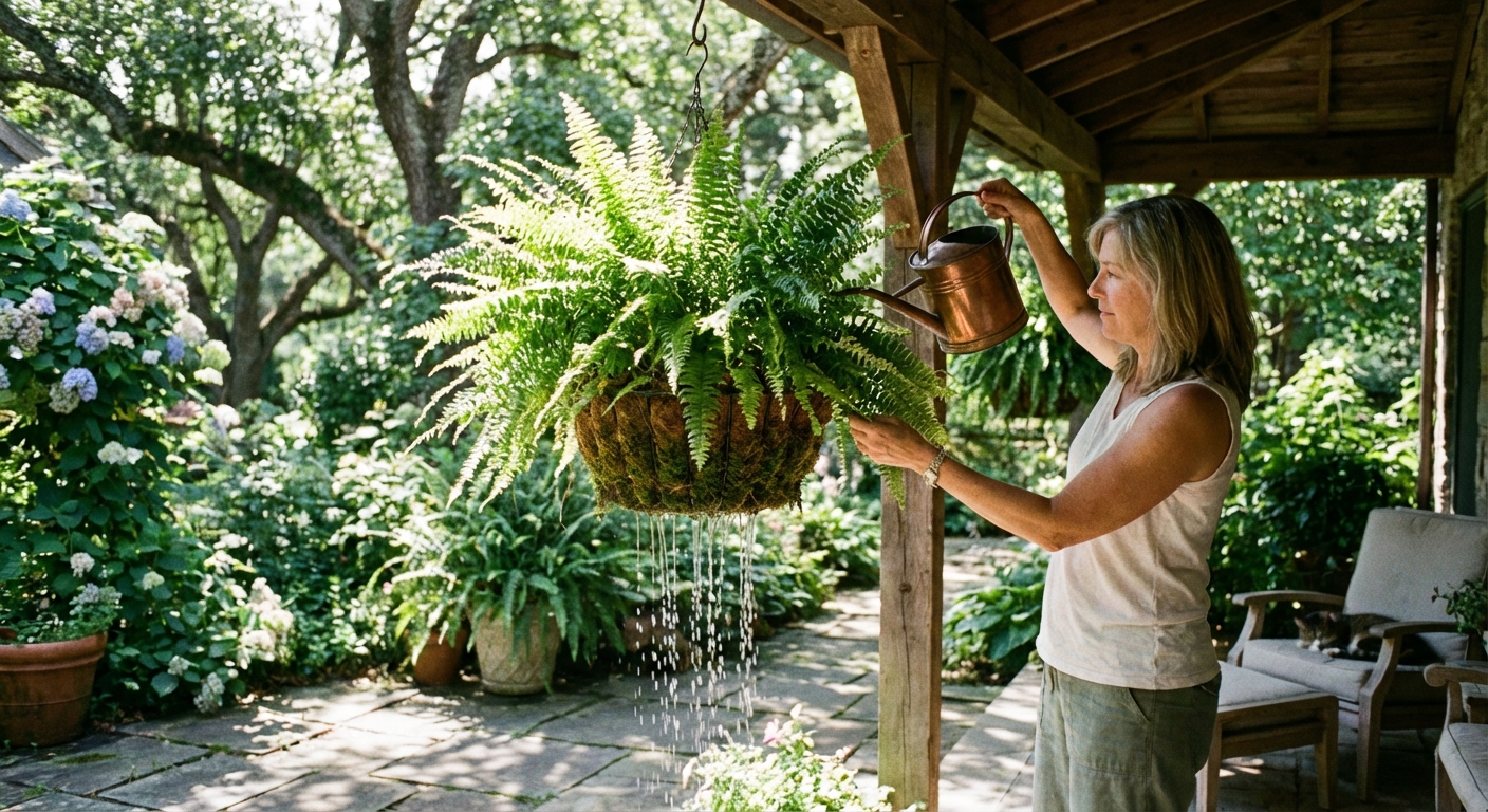 A real photograph of a person watering a hanging Boston fern basket with a watering can on a shaded patio, water dripping from the bottom of the pot, summer greenery in the background