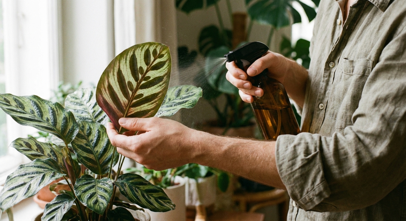 A real photograph of a person’s hands spraying the underside of houseplant leaves with a handheld spray bottle in soft indoor light, focusing on careful coverage
