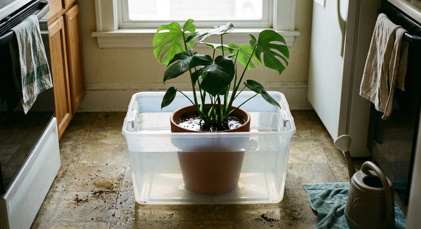 A real photograph of a plastic storage tub filled with water on a kitchen floor with a potted houseplant sitting inside, showing bottom soaking in progress in soft indoor light