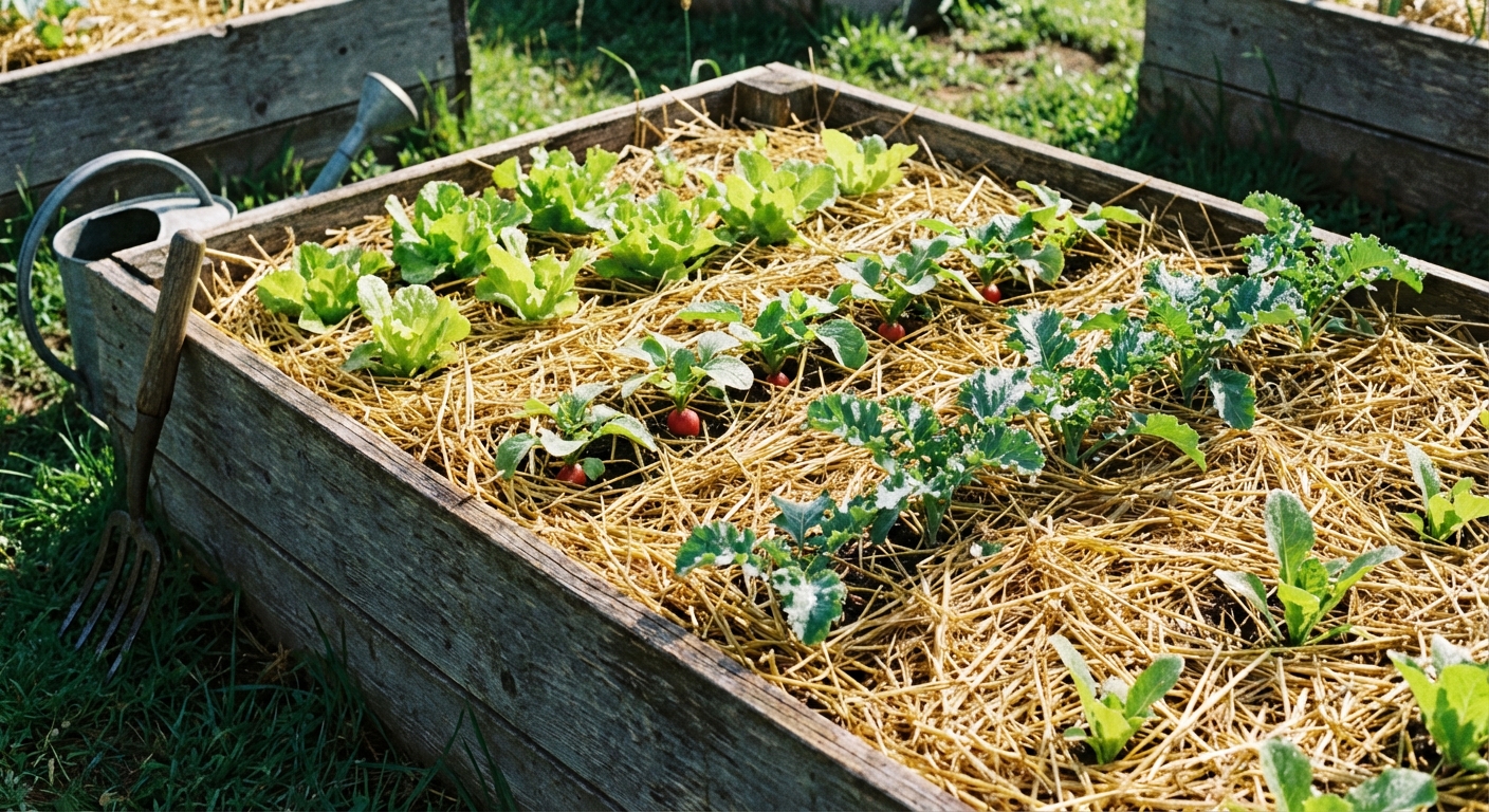 A real photograph of a raised bed with young vegetable seedlings and a layer of straw mulch on the soil surface