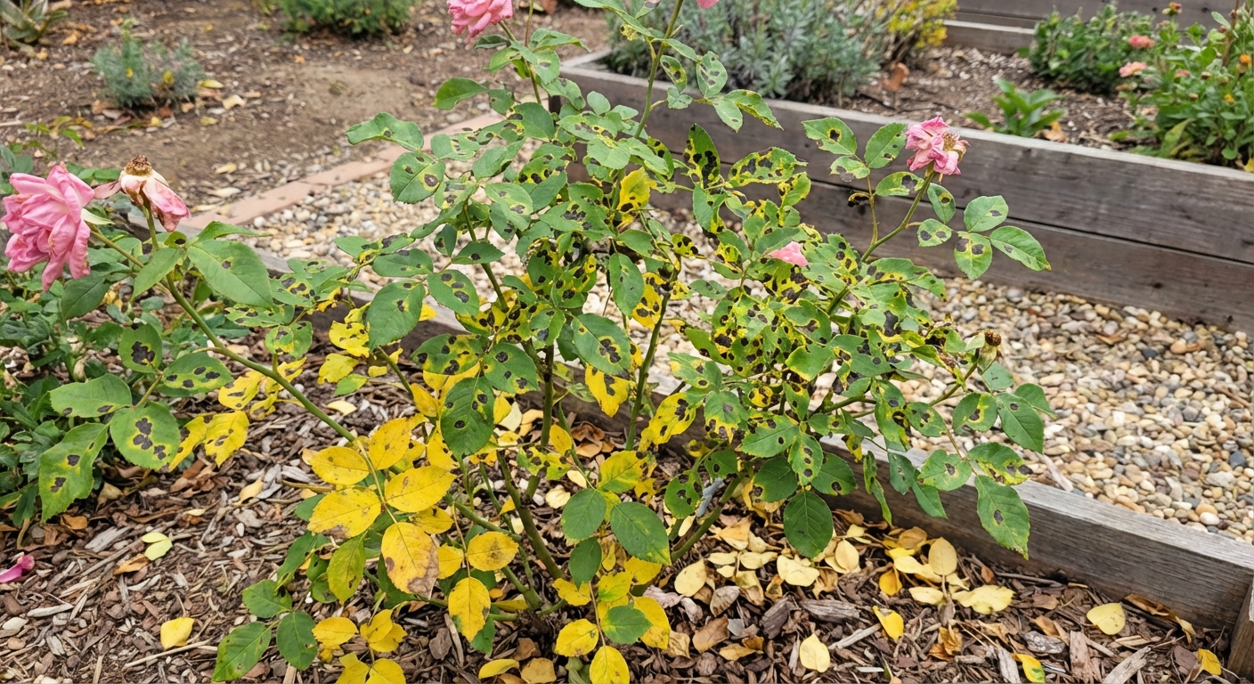 A real photograph of a rose bush with lower leaves yellowing and dropping, and visible black spot lesions on remaining foliage, garden bed background