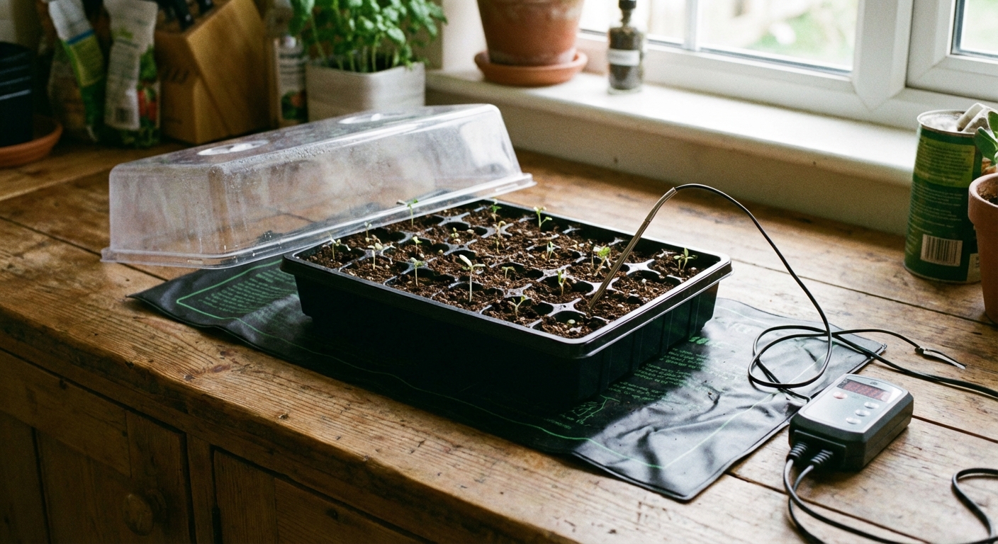 A real photograph of a seed tray sitting on a black seedling heat mat on a countertop, with a dome lid nearby and a thermostat probe visible, home gardening setup