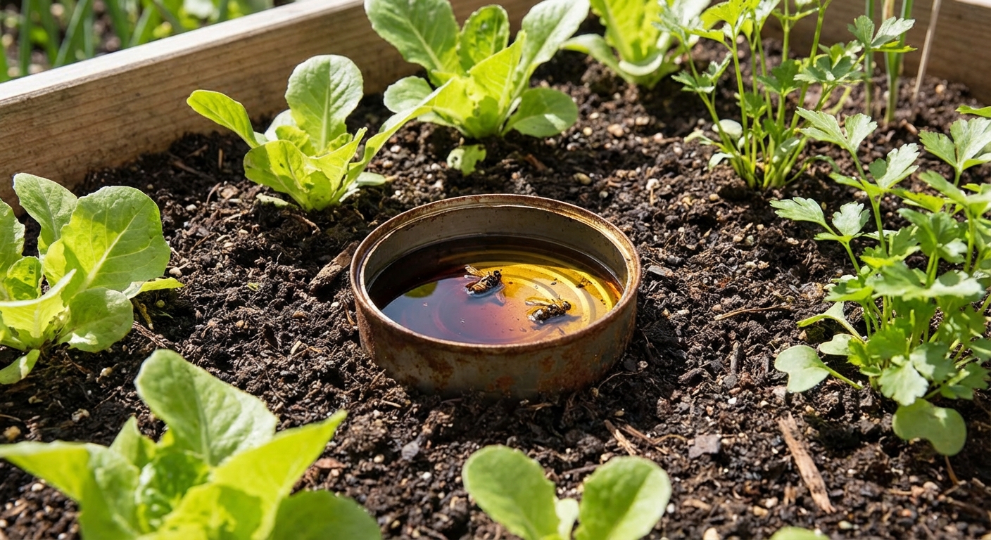 A real photograph of a shallow metal can set into garden soil filled with soy sauce and oil, placed beside leafy seedlings in an outdoor garden bed