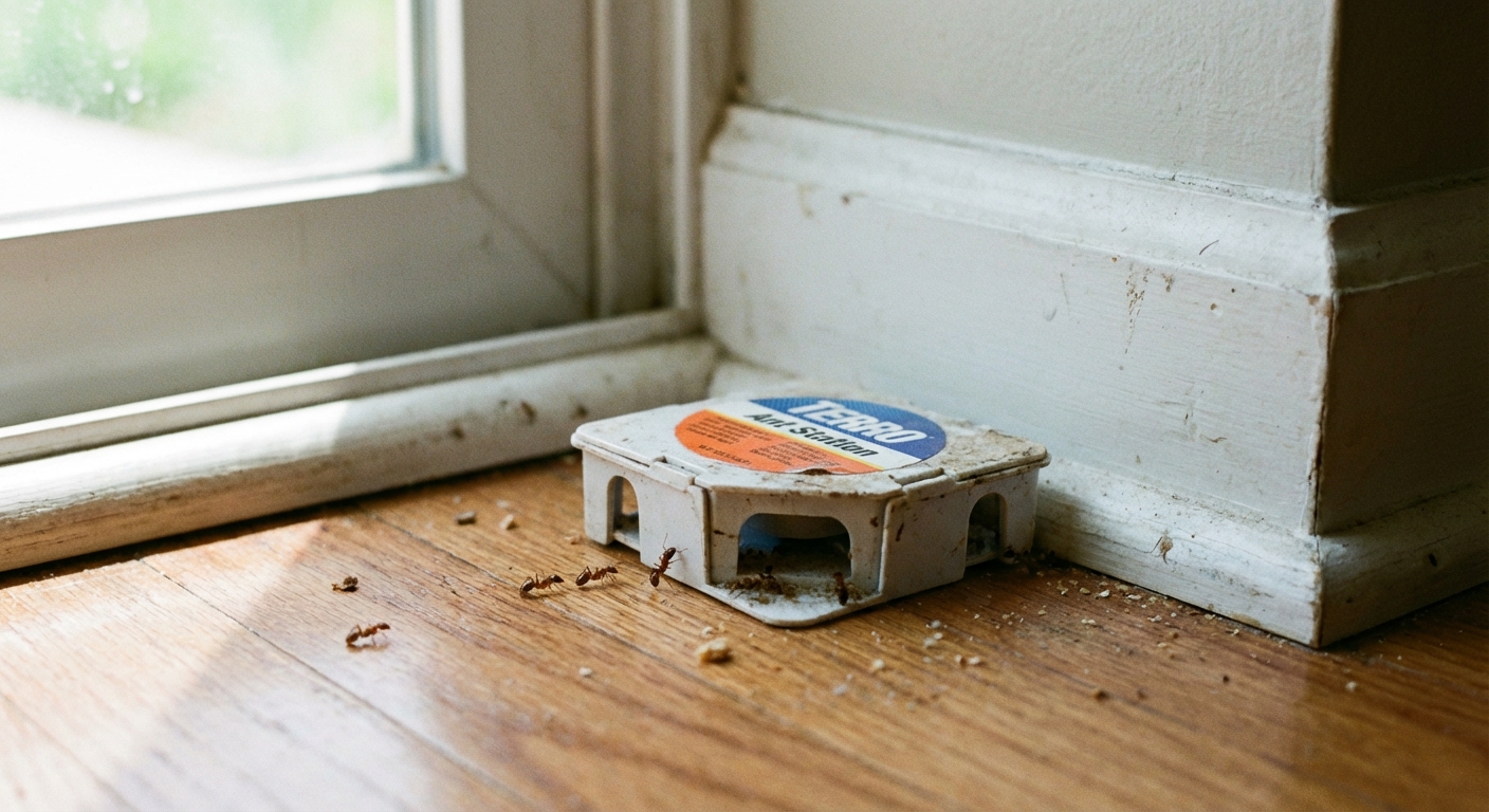 A real photograph of a small ant bait station placed on an indoor floor near a baseboard with a few ants approaching it, natural household lighting