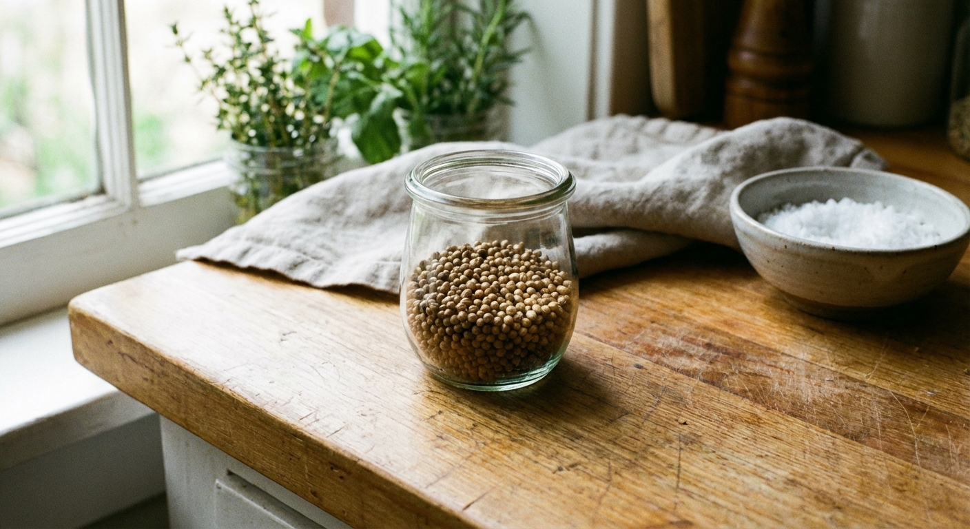 A real photograph of a small glass jar filled with dried coriander seeds on a wooden kitchen counter in natural window light