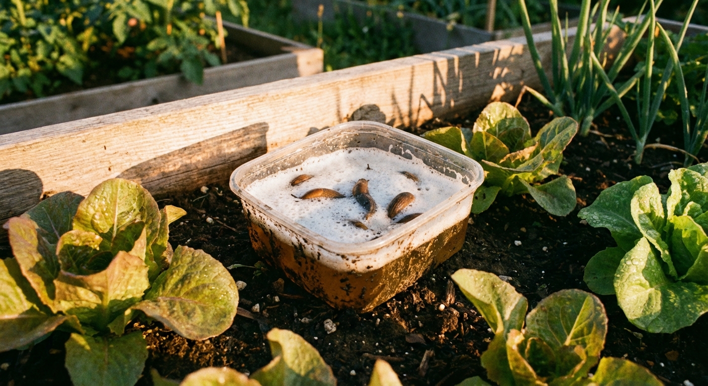 A real photograph of a small shallow container sunk into garden soil filled with beer, set beside lettuce plants in a raised bed in the evening light
