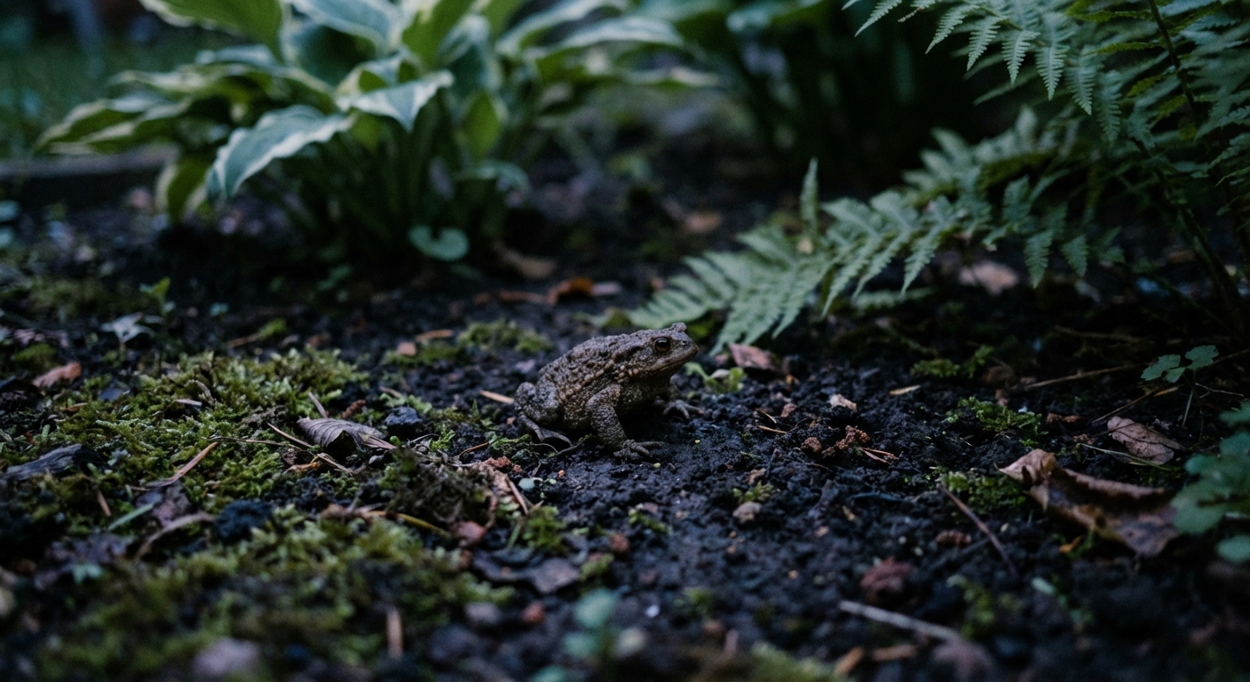 A real photograph of a small toad sitting on damp soil in a garden bed near leafy plants at twilight, natural low light and shallow depth of field
