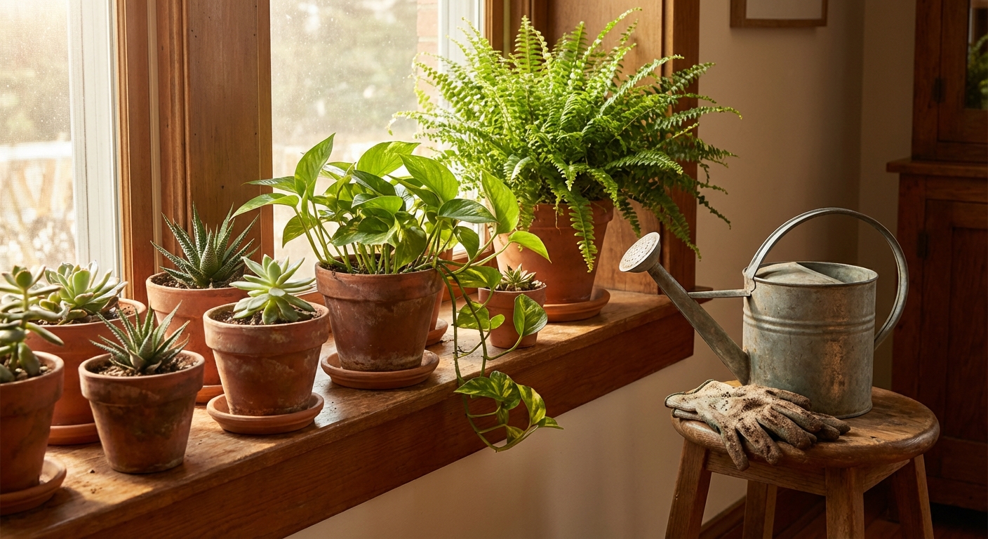 A real photograph of a sunlit indoor windowsill filled with healthy houseplants in terracotta pots, including a fern and pothos, with a watering can nearby