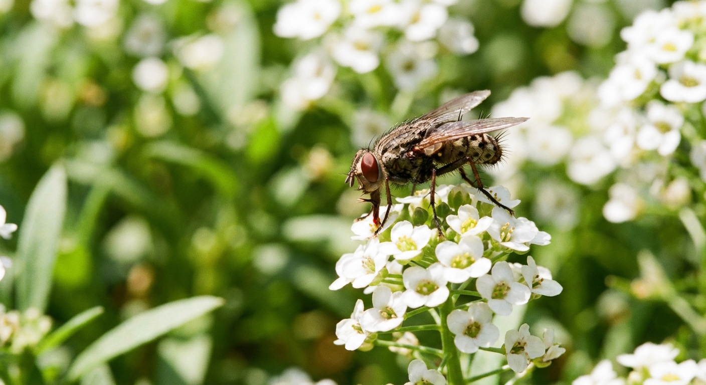 A real photograph of a tachinid fly feeding on nectar from a small white garden flower in bright natural light, shallow depth of field