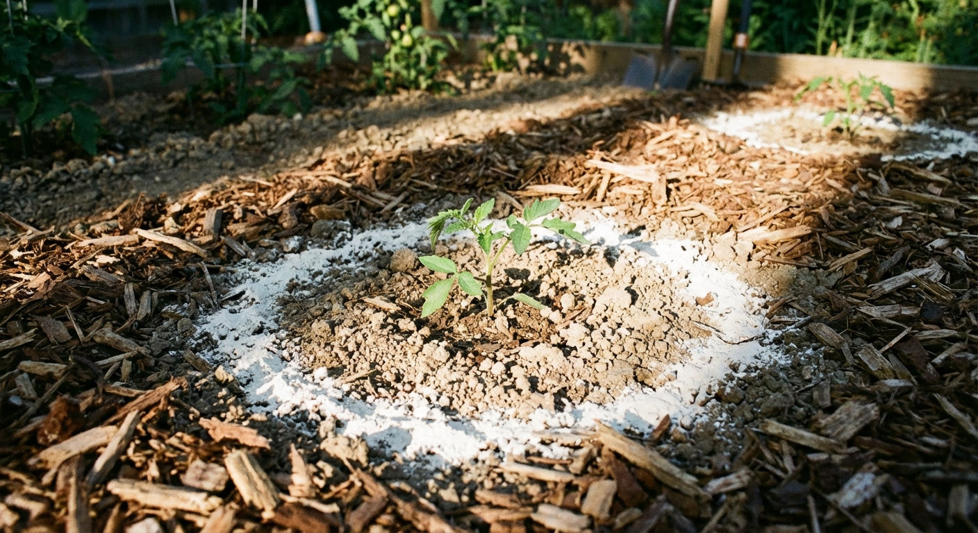 A real photograph of a thin ring of food-grade diatomaceous earth sprinkled on dry soil around a small vegetable seedling, with mulch nearby and sunlight across the bed