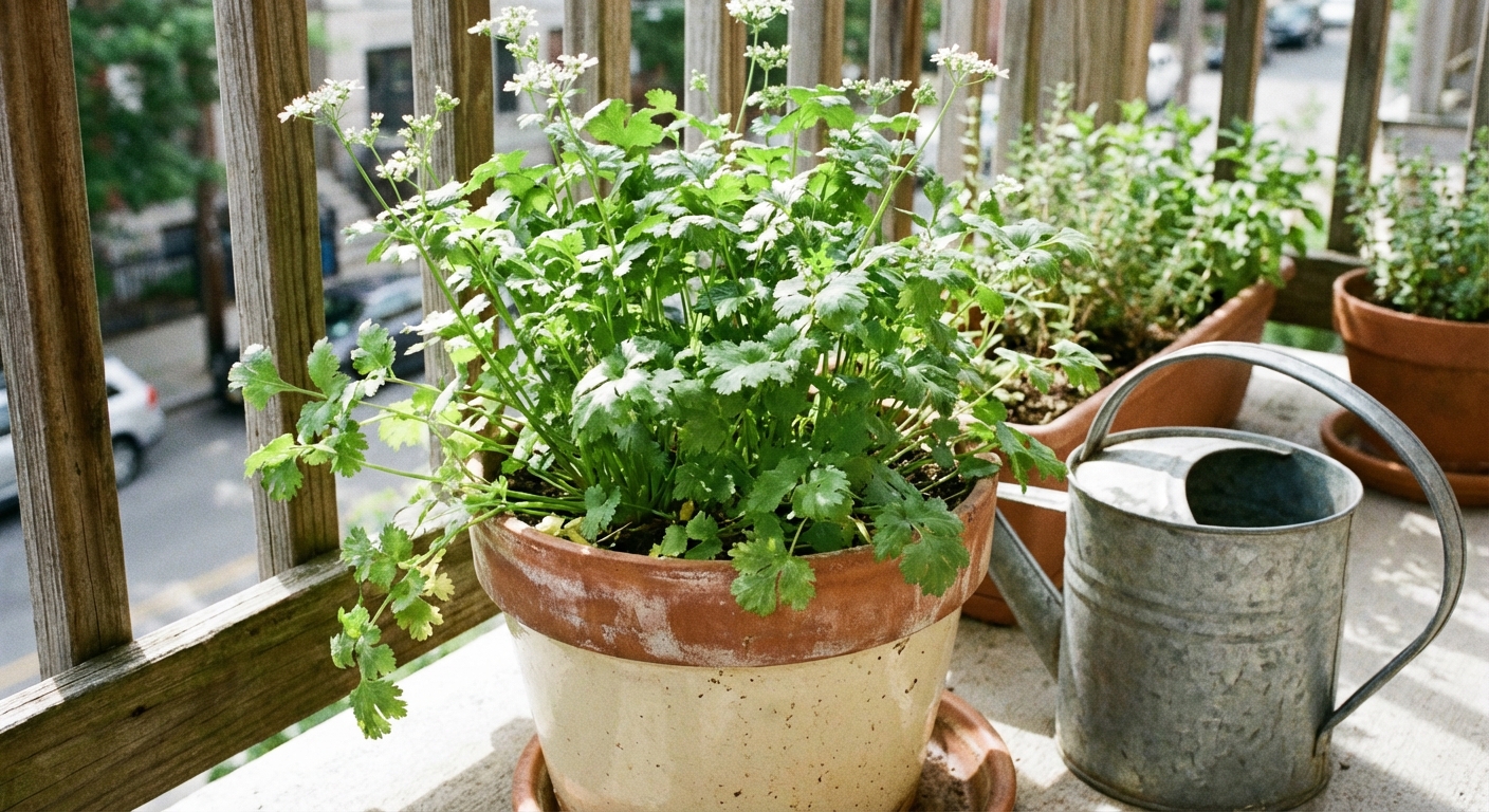 A real photograph of a thriving cilantro plant growing in a light-colored container on a balcony, with soft daylight and a watering can nearby