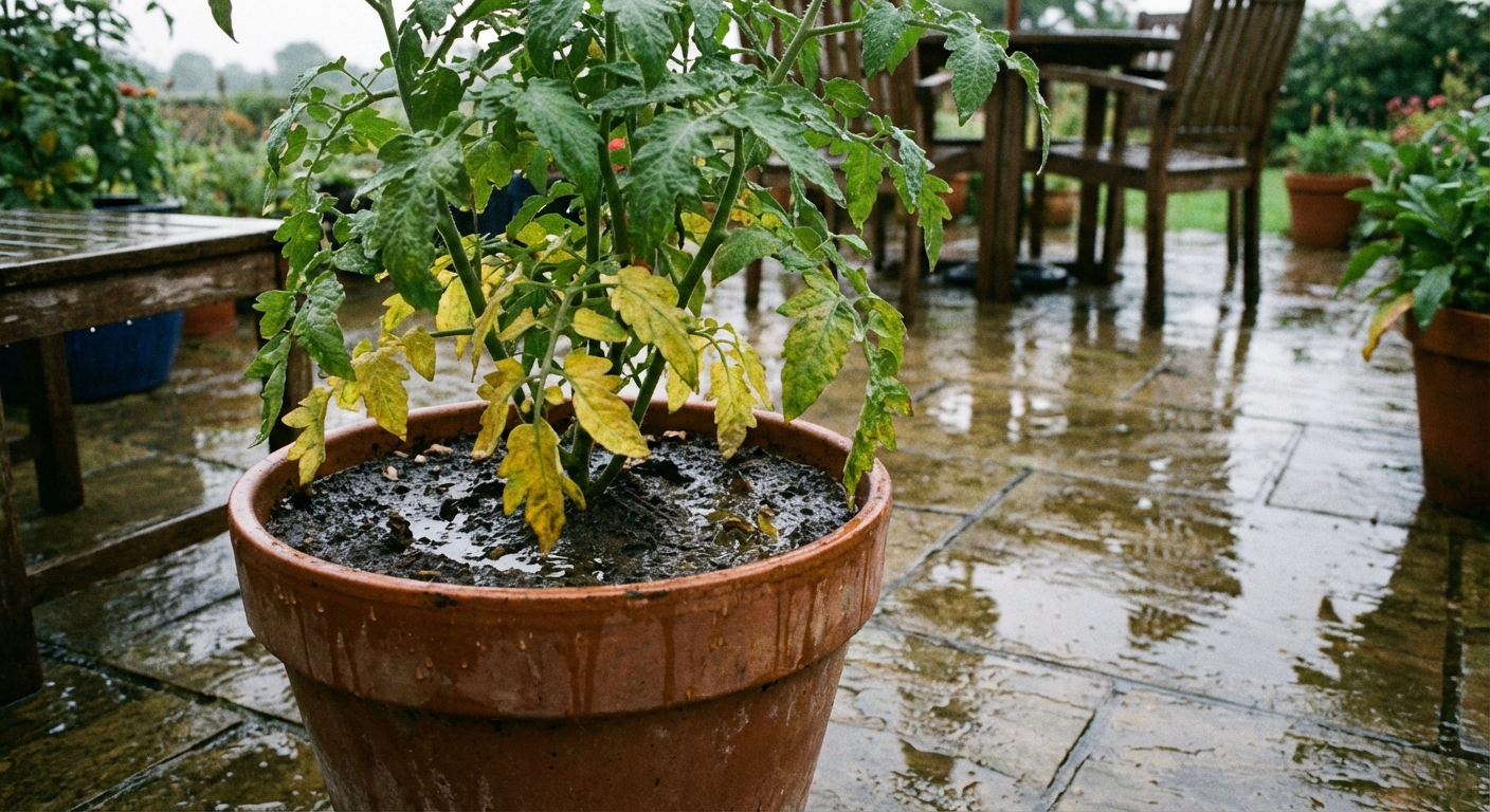 A real photograph of a tomato plant in a container with several yellow lower leaves and damp, dark potting soil, the pot sitting on a patio after rain