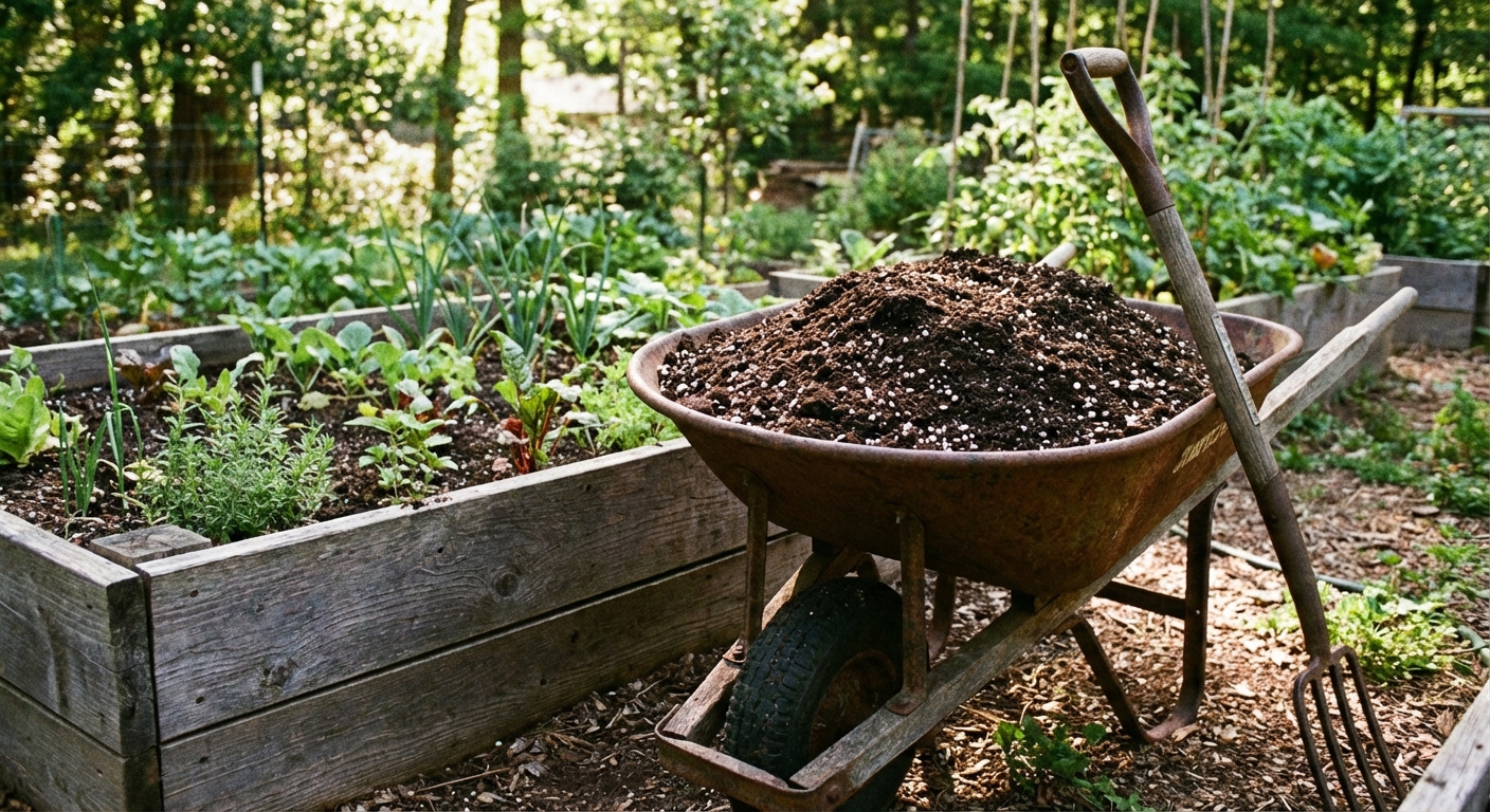 A real photograph of a wheelbarrow filled with a blended mix of compost, topsoil, and perlite beside a raised bed