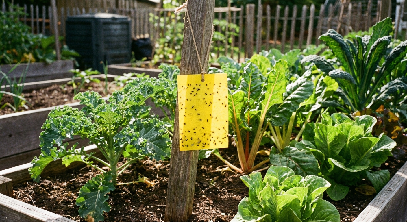 A real photograph of a yellow sticky trap card hanging from a small stake among leafy vegetable plants in a garden bed, with sunlight and soil visible in the background