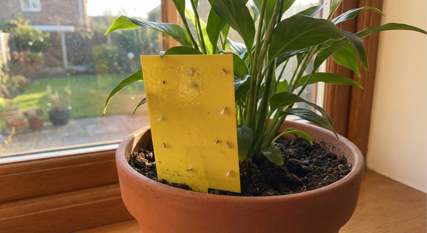 A real photograph of a yellow sticky trap card placed in the soil of a potted houseplant near a sunny window, with small white insects stuck to the surface