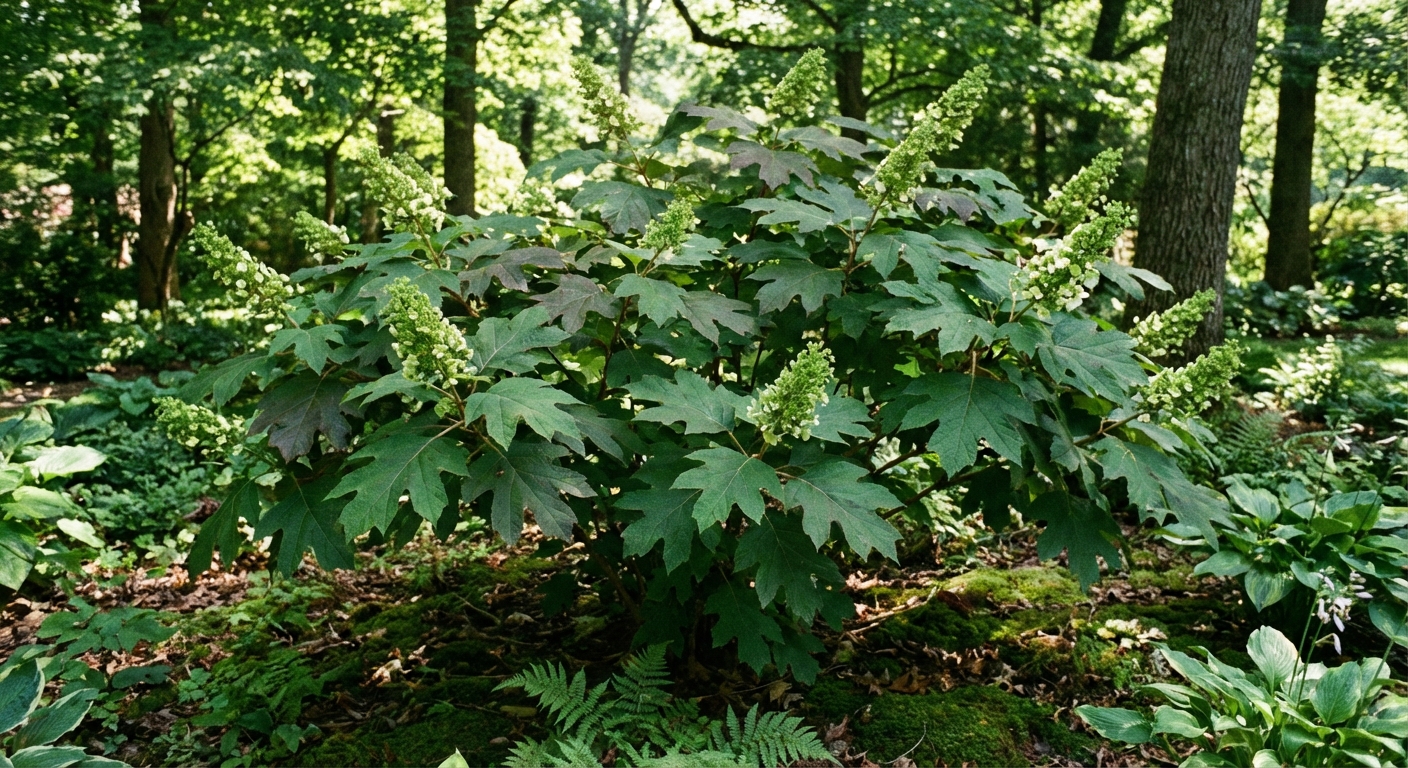 A real photograph of an oakleaf hydrangea shrub showing large oak-shaped leaves and a few developing cone-shaped flower panicles in a shaded garden bed