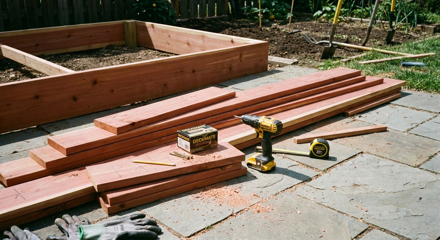 A real photograph of cedar boards, deck screws, a drill, and a tape measure laid out on a patio before building a raised bed
