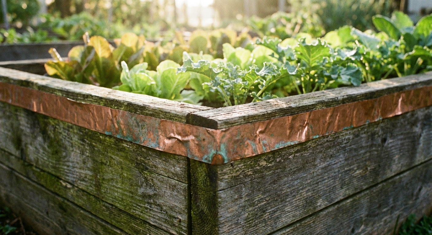 A real photograph of copper tape applied along the top edge of a wooden raised garden bed, with leafy seedlings growing inside in soft morning light