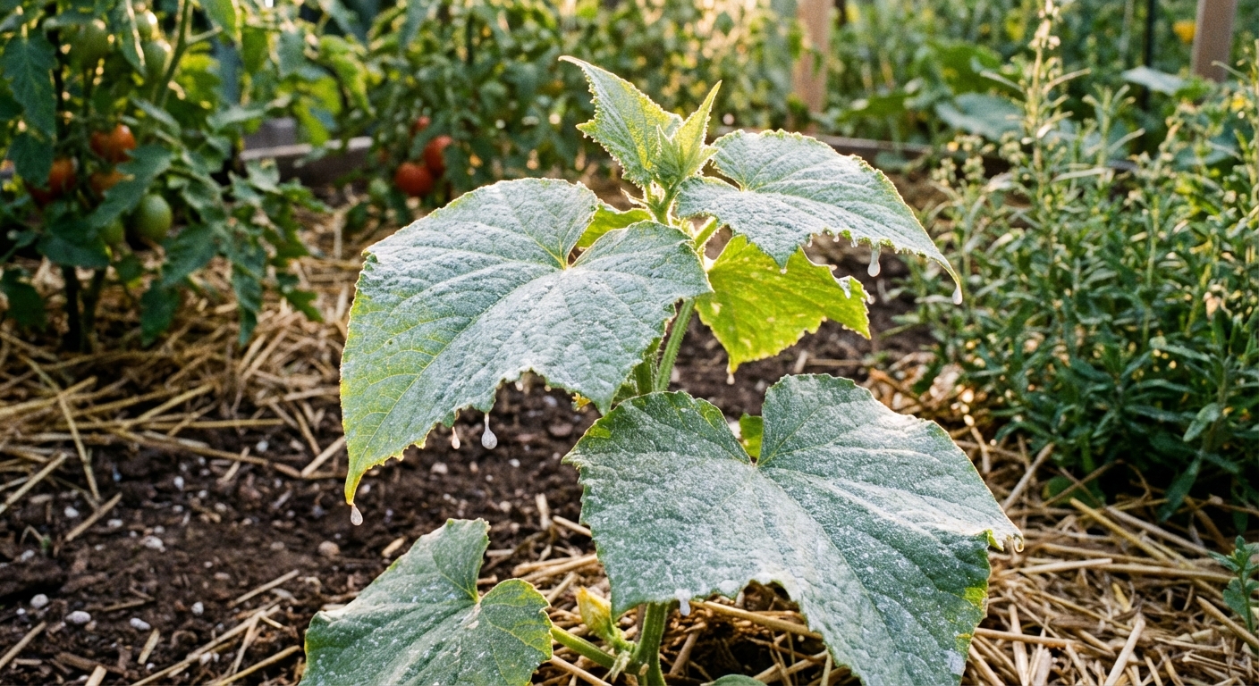A real photograph of cucumber leaves lightly coated with white kaolin clay film in a garden bed, with sunlight highlighting the powdery surface