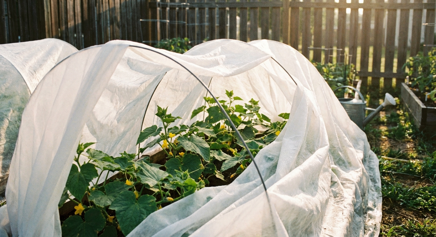 A real photograph of cucumber plants growing under white fabric row covers supported by hoops in a backyard vegetable garden on a sunny morning