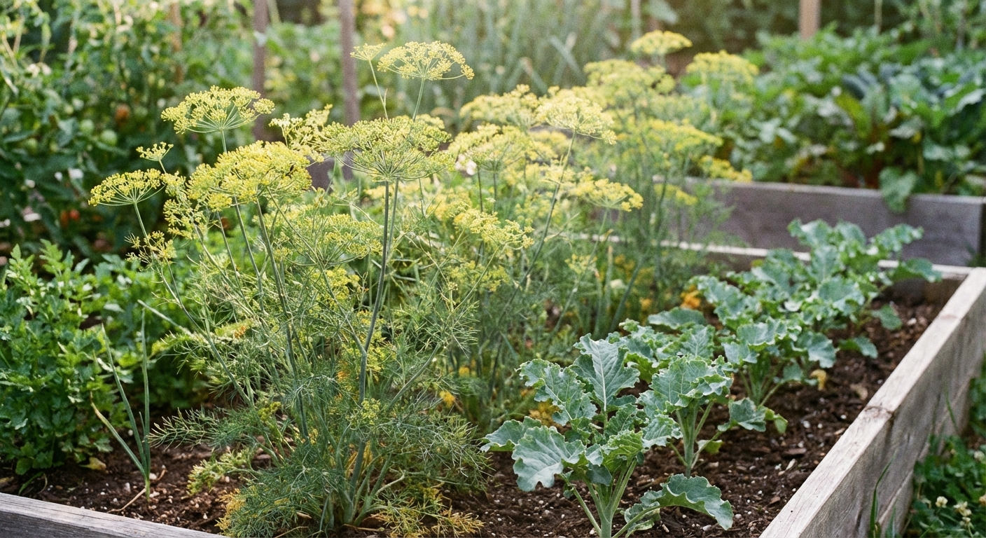 A real photograph of dill plants in bloom beside a row of young kale in a vegetable garden bed, with airy yellow flower umbels and soft natural light