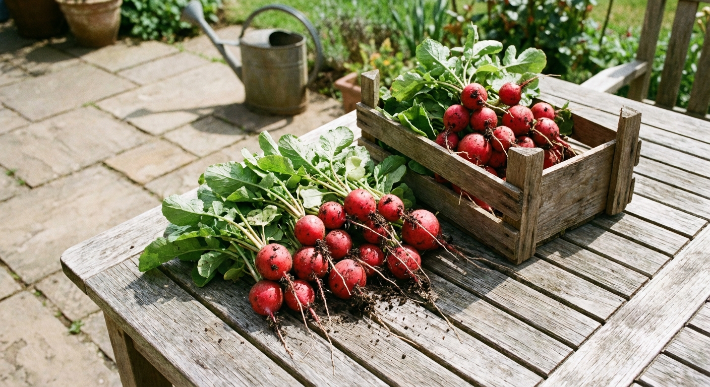 A real photograph of freshly harvested red radishes with green tops resting on a patio table beside a small container