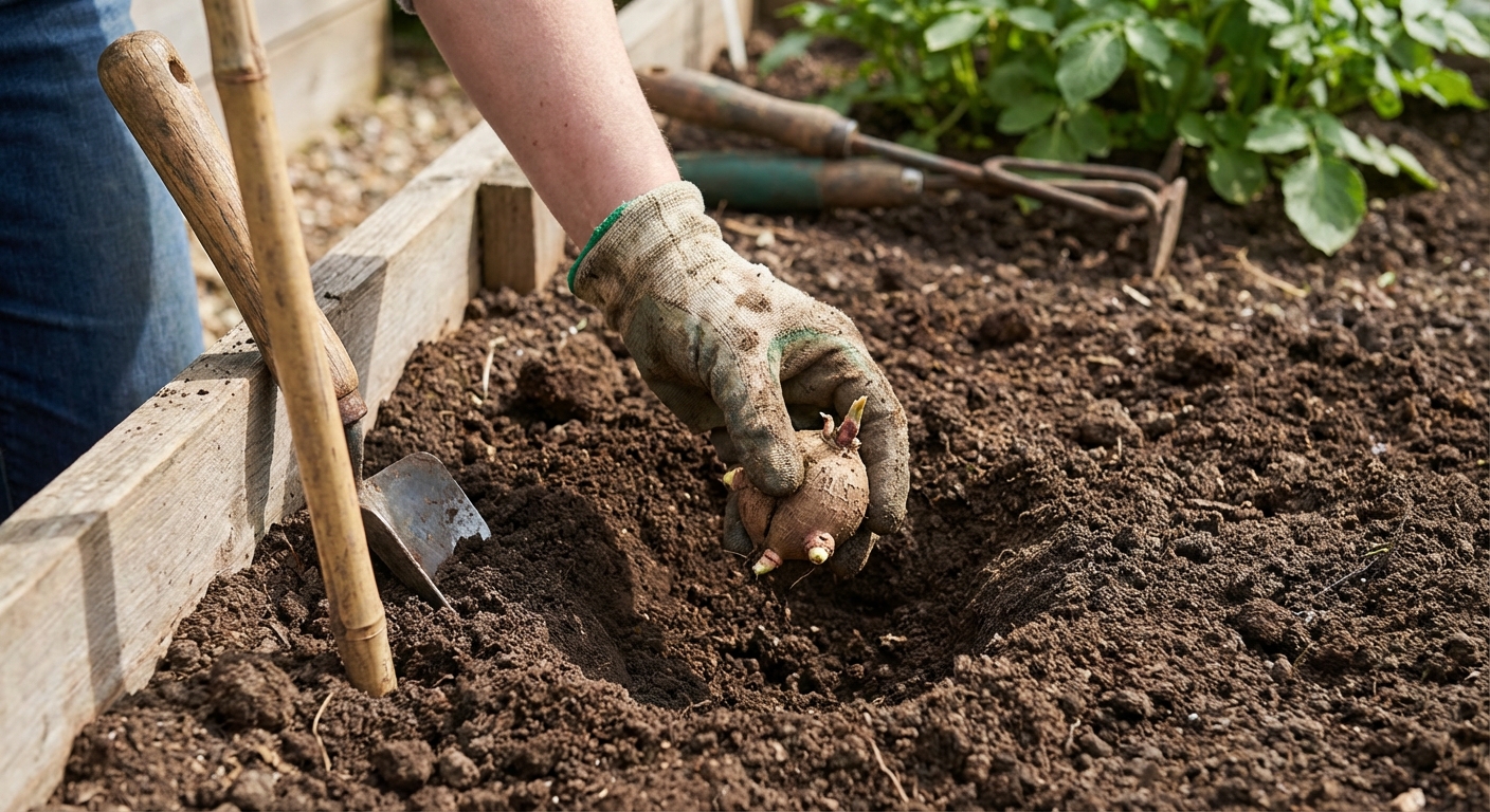 A real photograph of hands placing a dahlia tuber into a shallow planting hole in a garden bed, with dark crumbly soil and a bamboo stake nearby, daylight outdoors