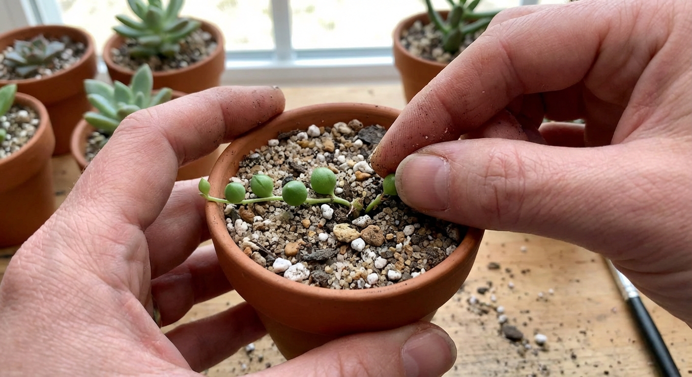 A real photograph of hands placing a freshly cut string of pearls stem cutting onto gritty succulent soil in a small nursery pot, with a few exposed nodes lightly pressed into the soil