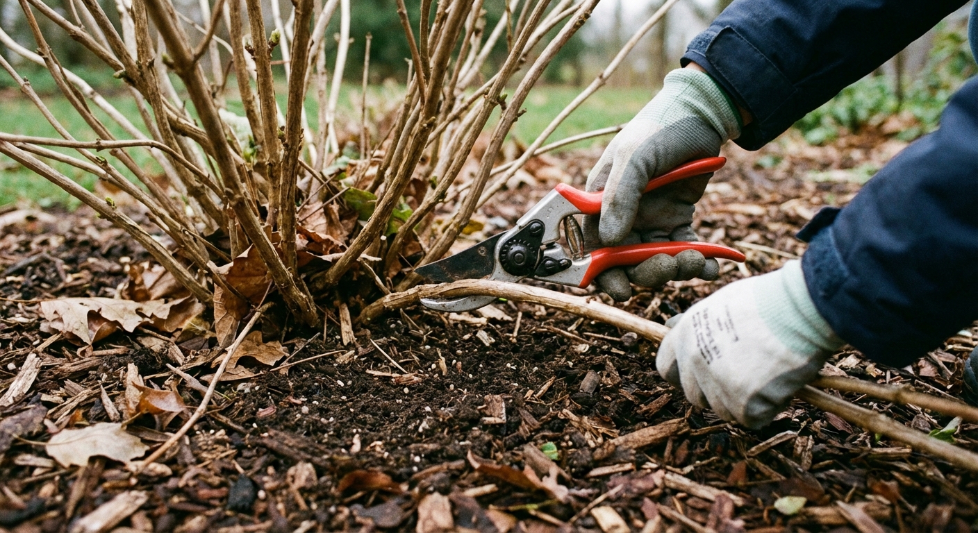 A real photograph of hands using clean bypass pruners to remove a single hydrangea cane at the base of the shrub, with mulch and soil visible underneath