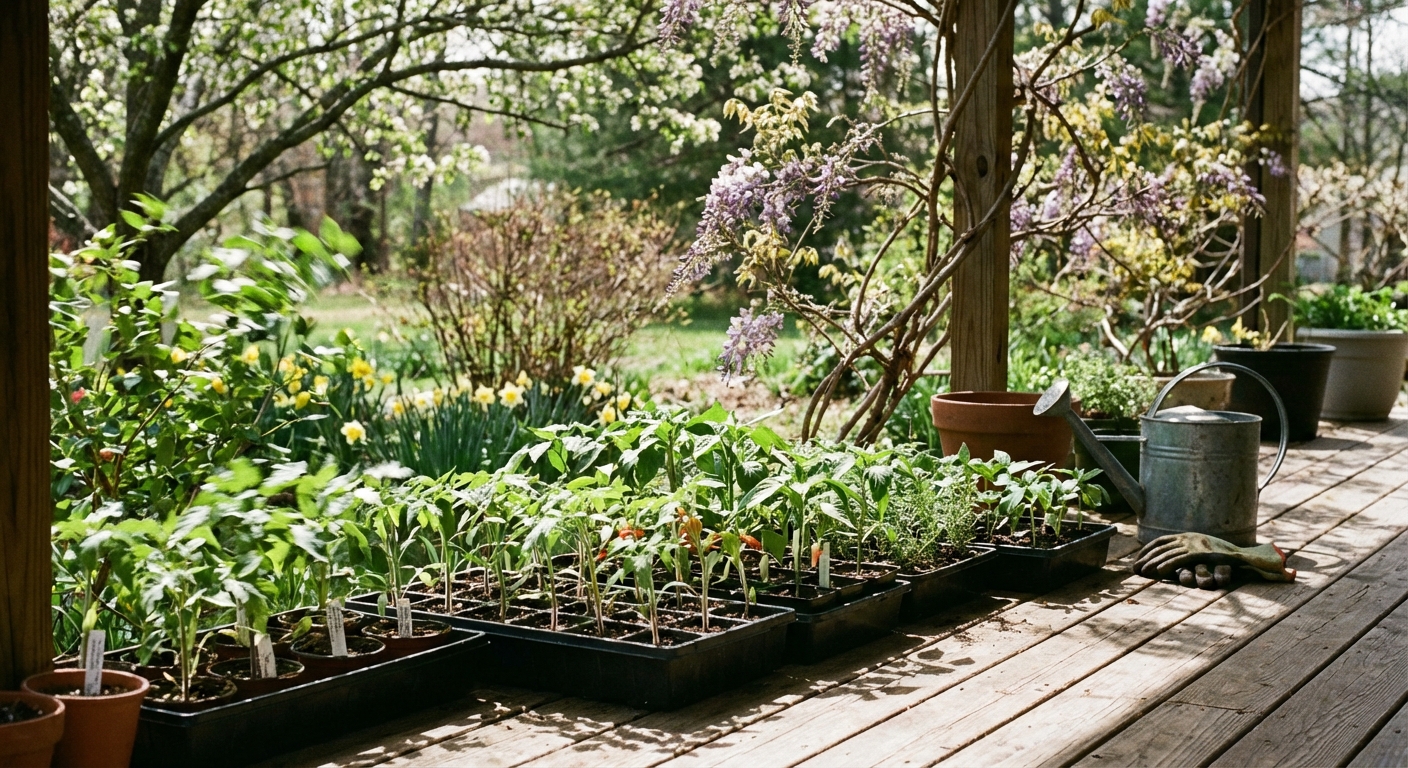 A real photograph of seedling trays outdoors on a porch in dappled shade, with a light breeze moving leaves, early spring garden setting