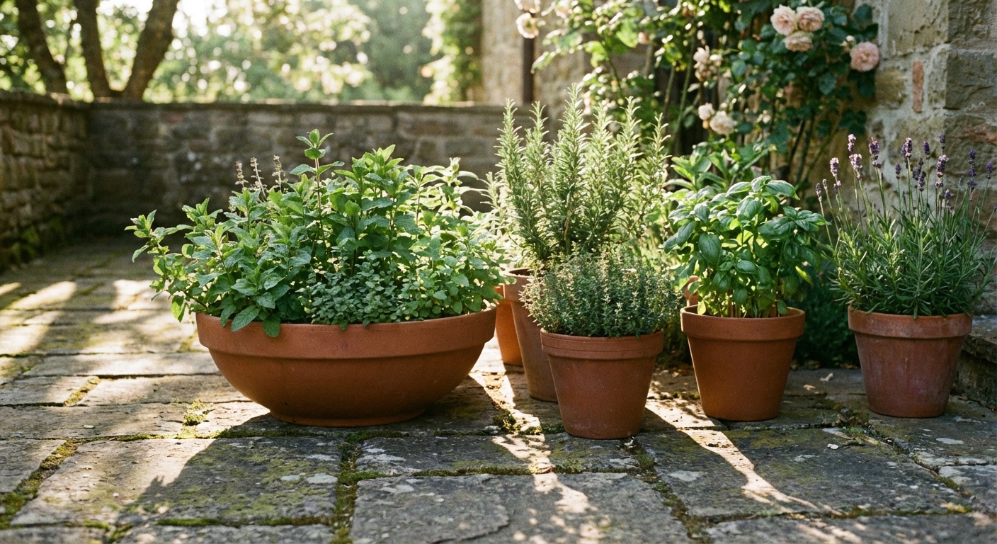 A real photograph of several herb pots on stone pavers, including a mint plant in a wide container, with sunlight casting soft shadows across the patio