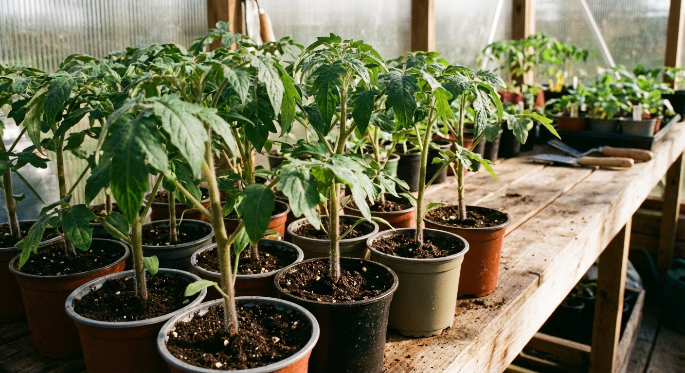 A real photograph of sturdy tomato seedlings with thick stems in small nursery pots on a sunny table, dark potting mix visible and leaves a healthy deep green