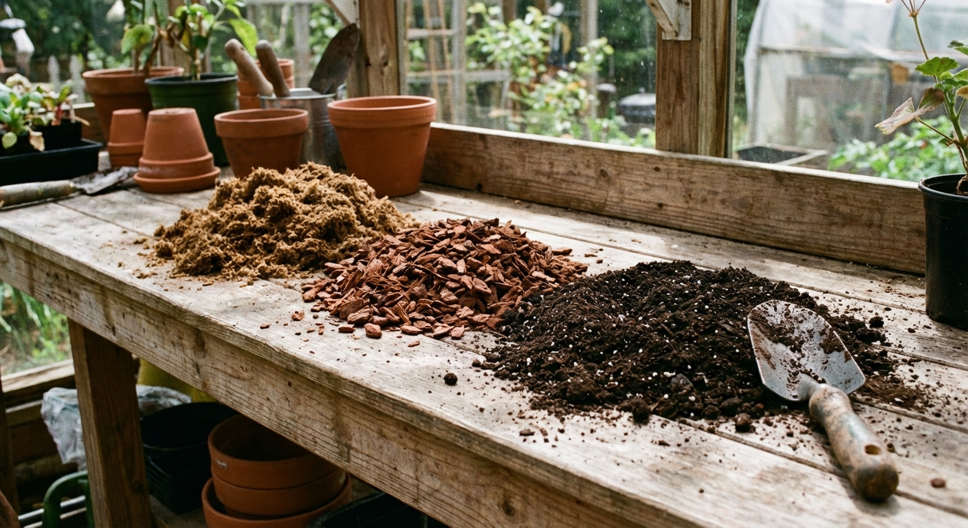 A real photograph of three separate piles of potting materials on a potting bench: peat moss, pine bark fines, and dark potting mix, with a hand trowel resting beside them