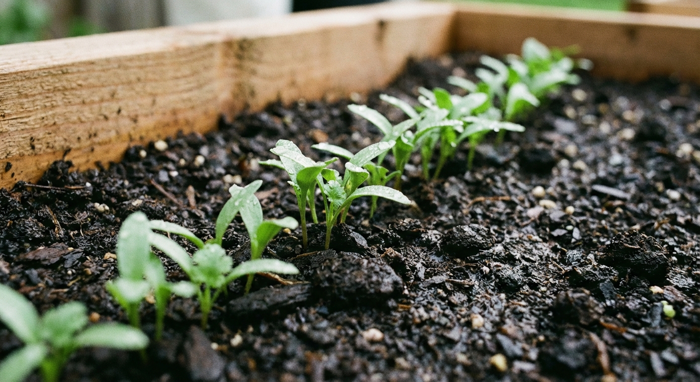 A real photograph of young cilantro seedlings emerging in a neat row in a raised bed, with small seed leaves and moist soil surface