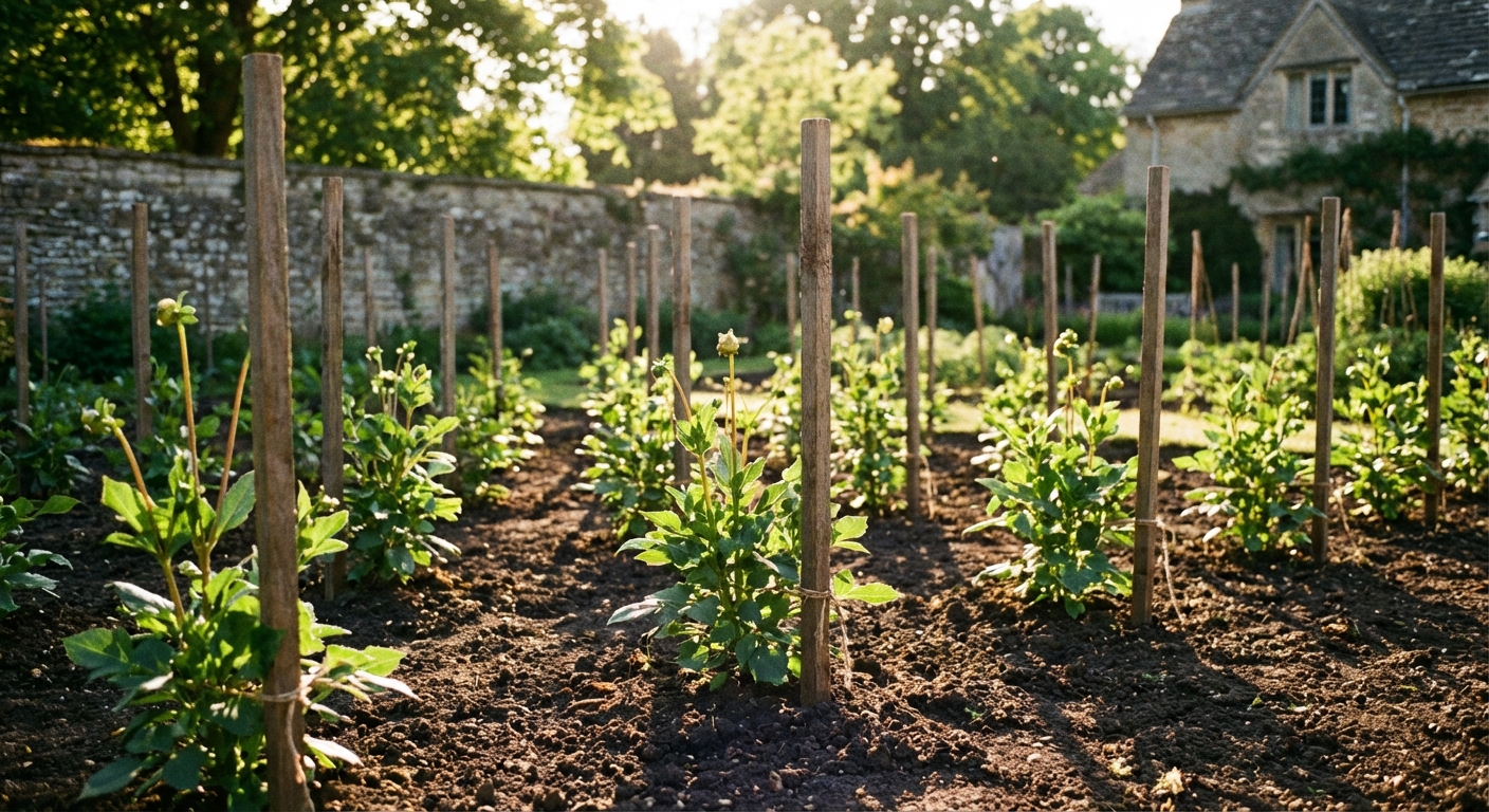 A real photograph of young dahlia plants spaced evenly in a sunny garden bed with dark soil, each plant near its own stake, early summer light
