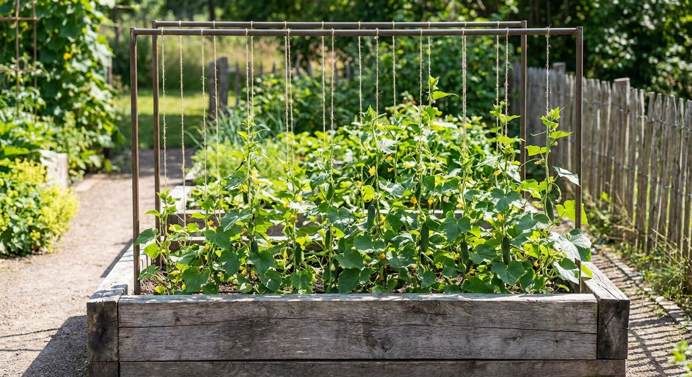 A real raised bed with an overhead metal bar and vertical strings, cucumber vines neatly trained upward