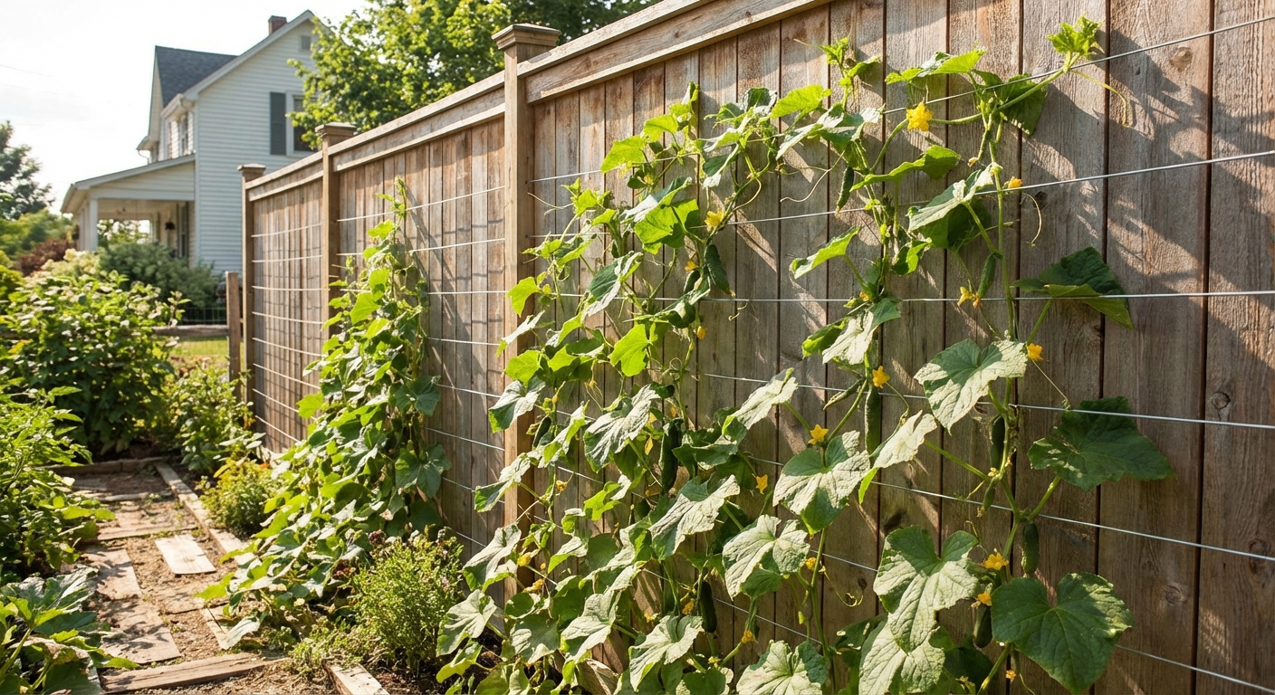 A real sunny wooden fence with neat horizontal garden wires and cucumber vines climbing upward