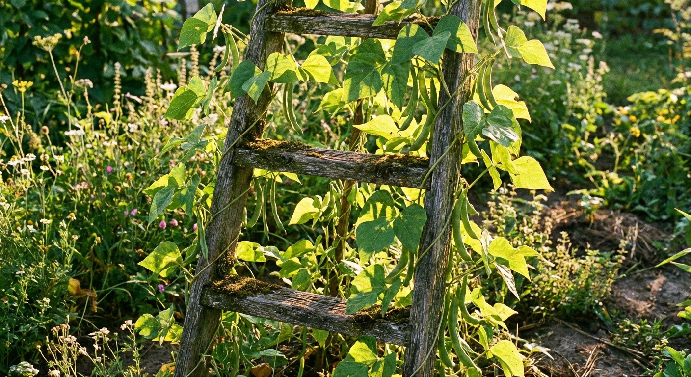A real weathered wooden ladder secured in a garden bed with pole beans climbing, sunlight highlighting the leaves