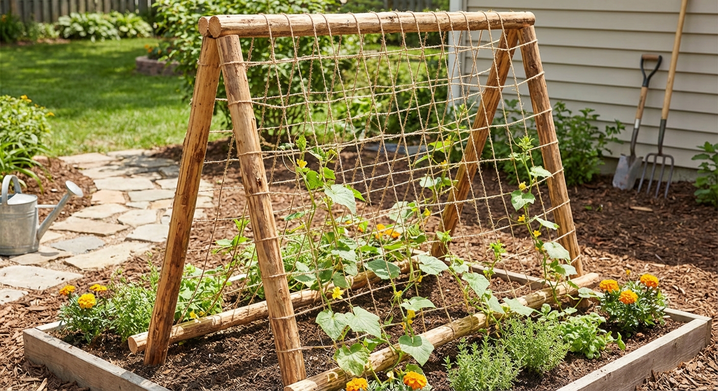 A real wooden A-frame trellis in a small garden bed with trellis netting, young cucumber vines starting to climb