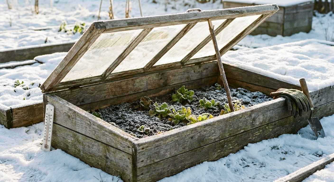 A real wooden cold frame in a garden bed with the clear lid propped open on a sunny winter day