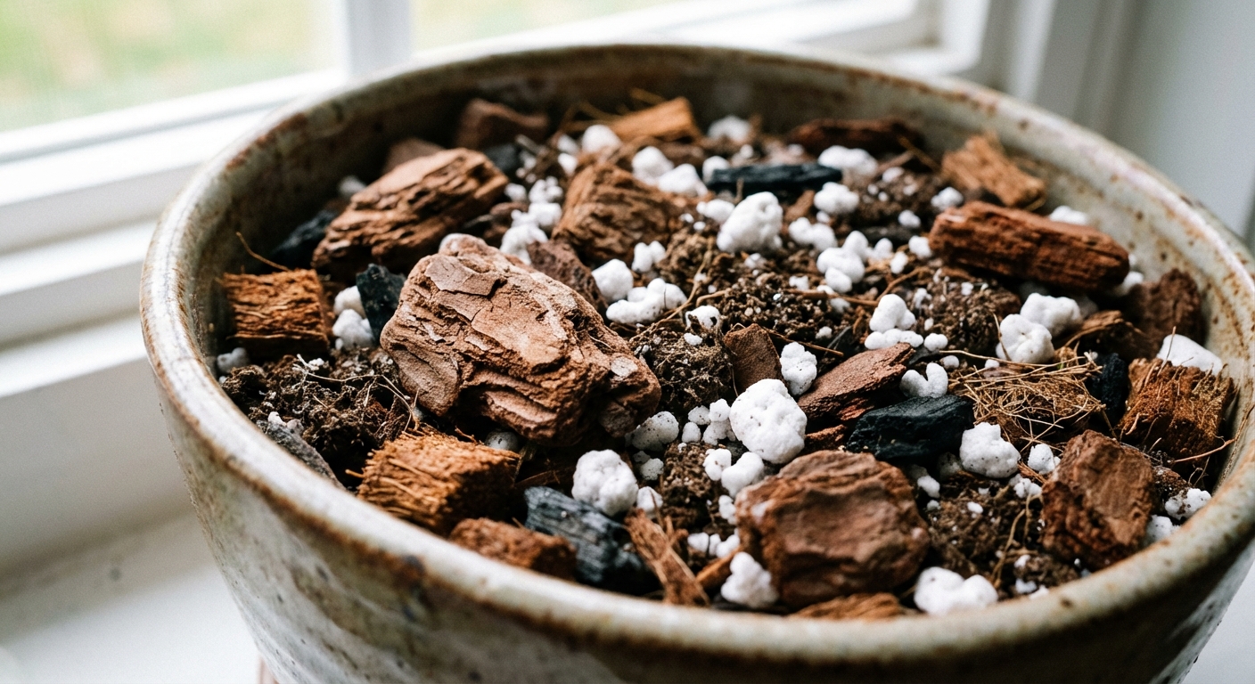 A realistic close-up photo of a chunky potting mix in a bowl with visible orchid bark pieces and perlite, indoor natural light