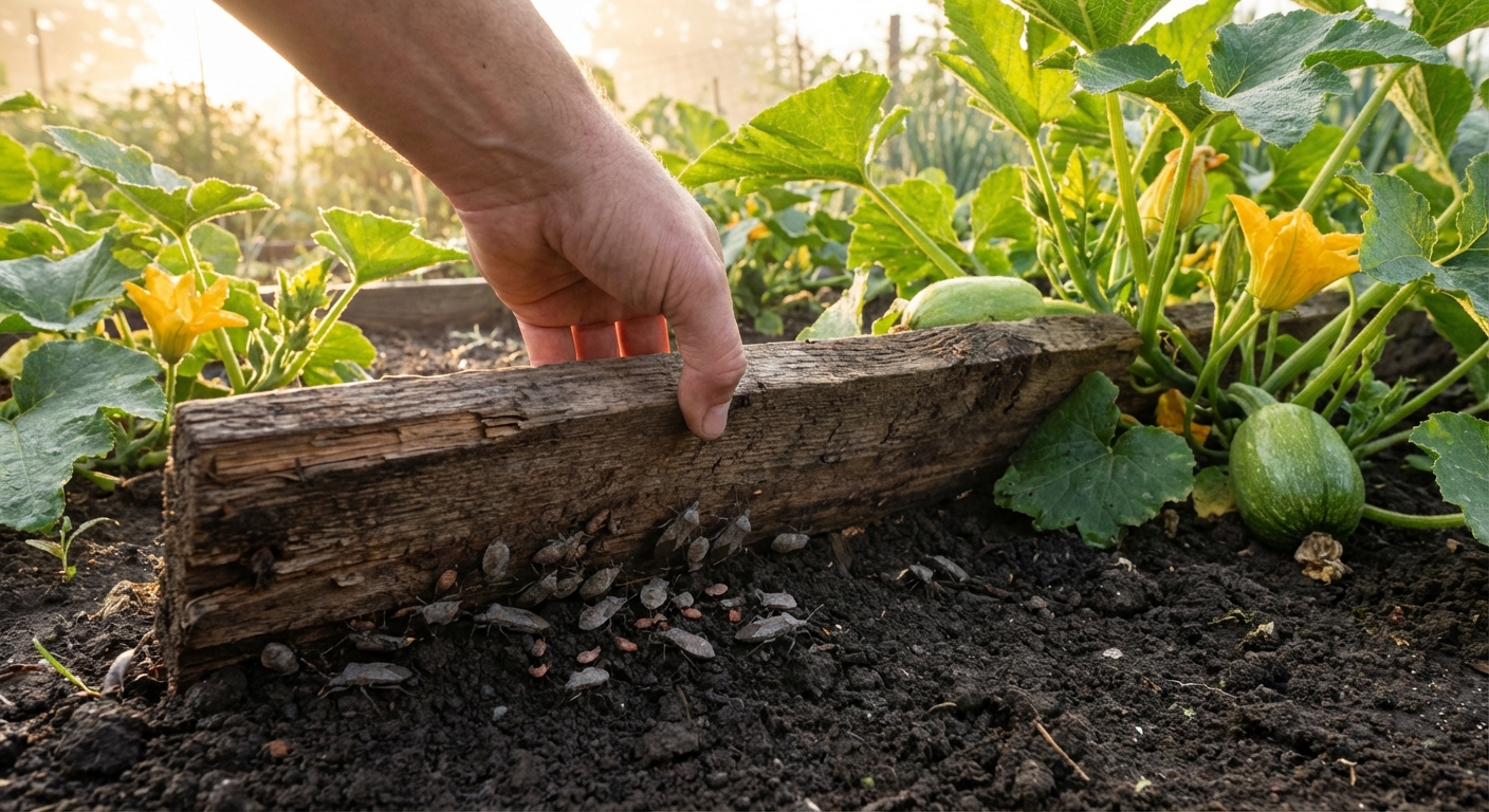 A realistic garden photo of a wooden board lying on soil next to squash plants, with several squash bugs gathered underneath as the board is being lifted in early morning light