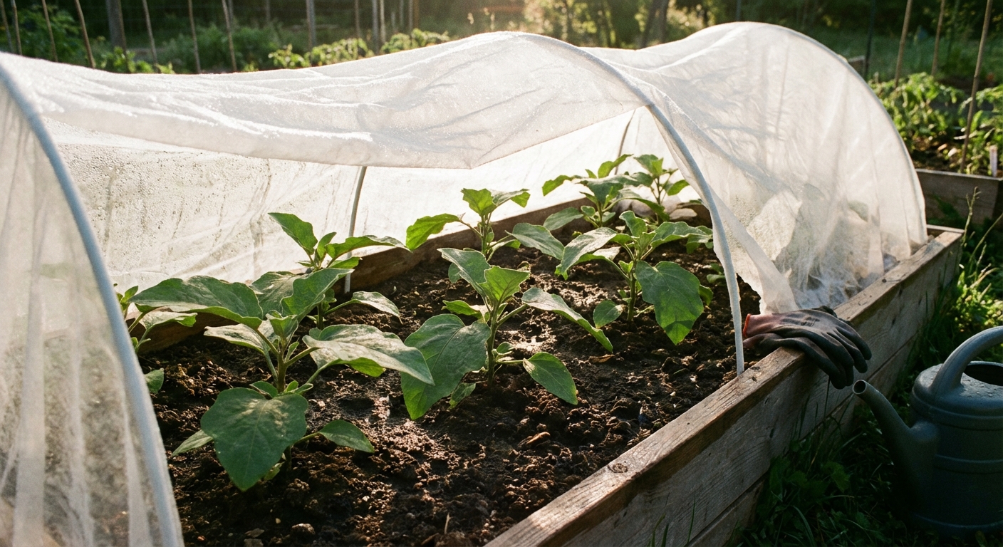 A realistic outdoor photo of healthy eggplant seedlings growing in a raised bed under a white floating row cover tunnel, morning light and moist soil visible