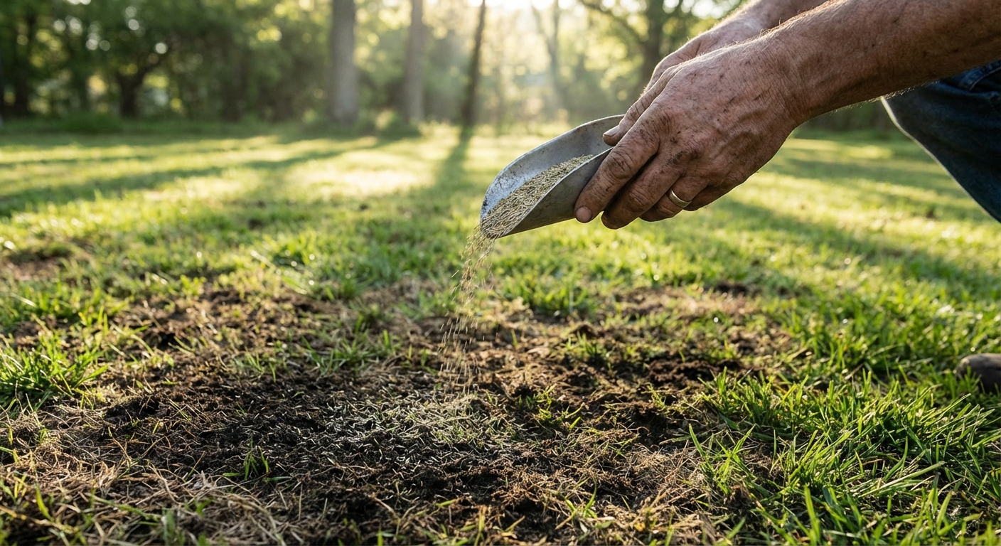A realistic photo of a gardener’s hands scattering grass seed over a patchy lawn with a light layer of compost visible on the soil surface in morning light