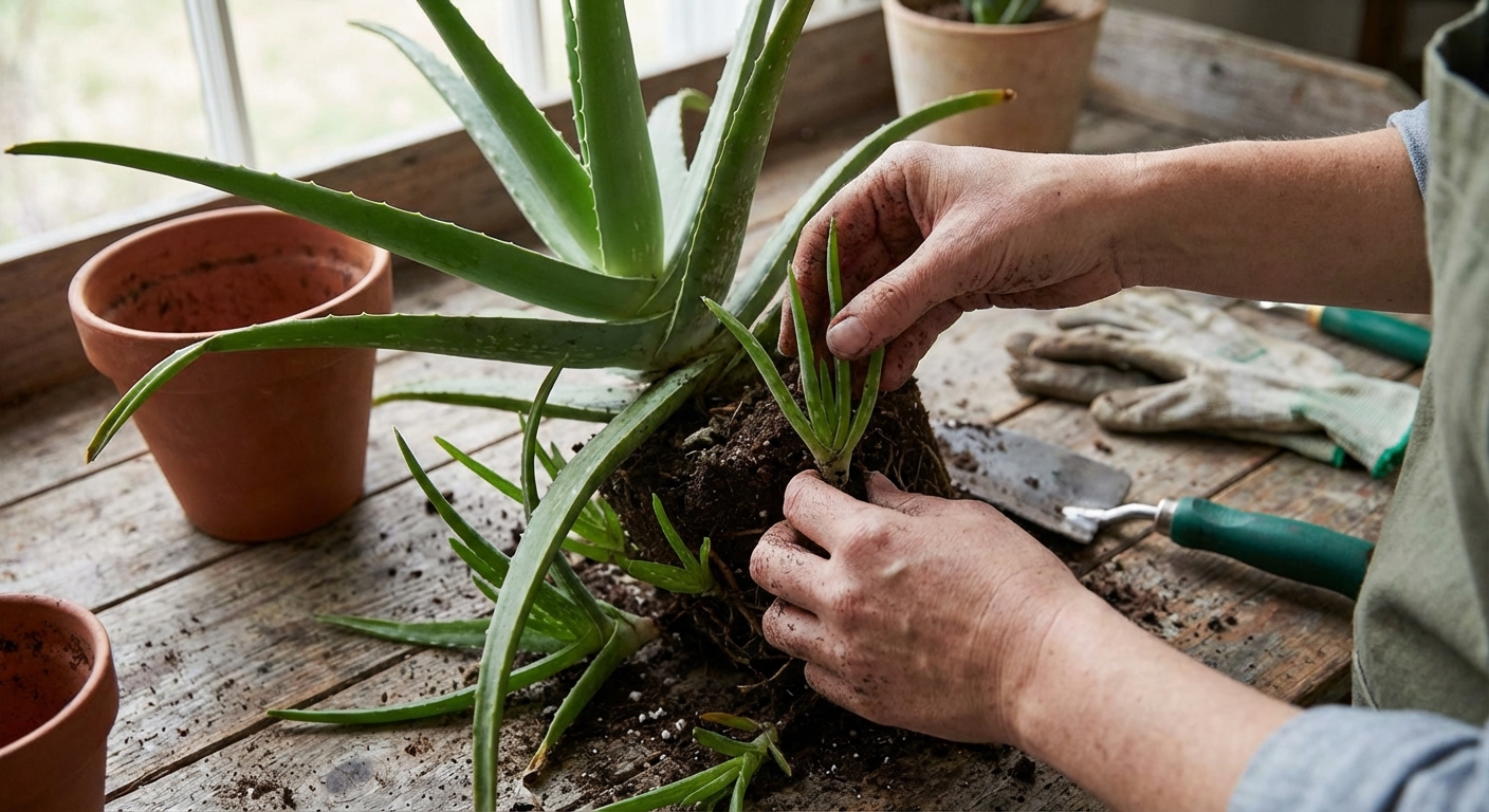 A realistic photo of an aloe vera plant removed from its pot with several pups visible at the base, hands gently separating a pup on a potting bench