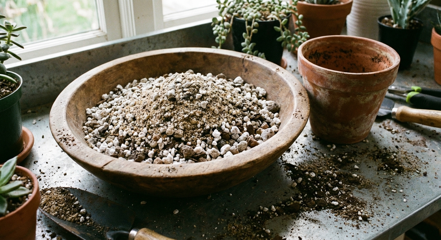A realistic photo of gritty succulent soil in a bowl with visible perlite and coarse sand next to a small terracotta pot on a potting bench